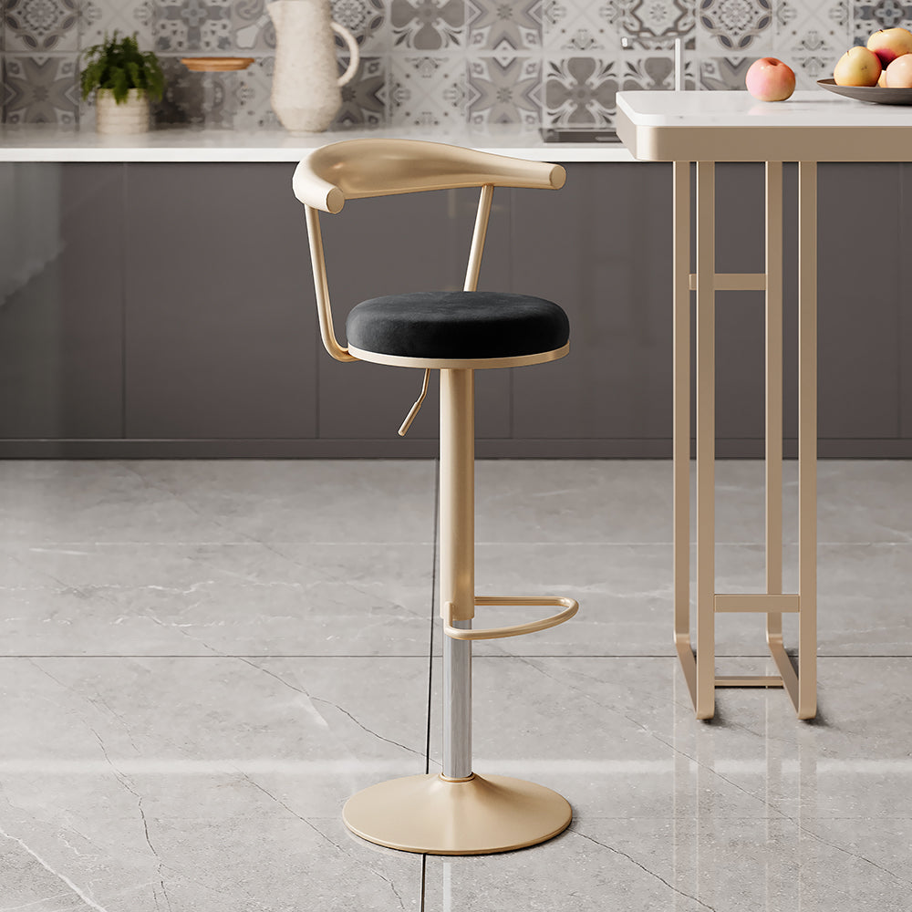 Modern Black Swivel & Adjustable Bar Height Stool with Backrest & Velvet Upholstery