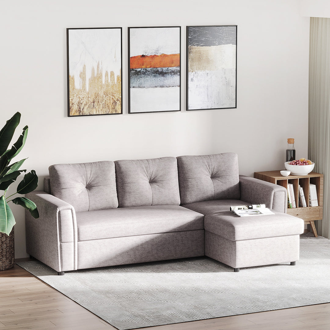 Linen-Look L-Shaped Sofa Bed Reversible Couch w/ Storage Sectional Bed Seat Set Sleeper Futon Flat Studio Furniture - Grey