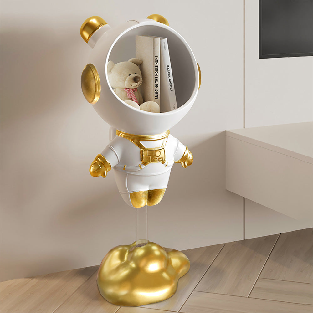 Floor Decoration Astronaut Figurine End Table Modern White & Gold Side Table with Storage