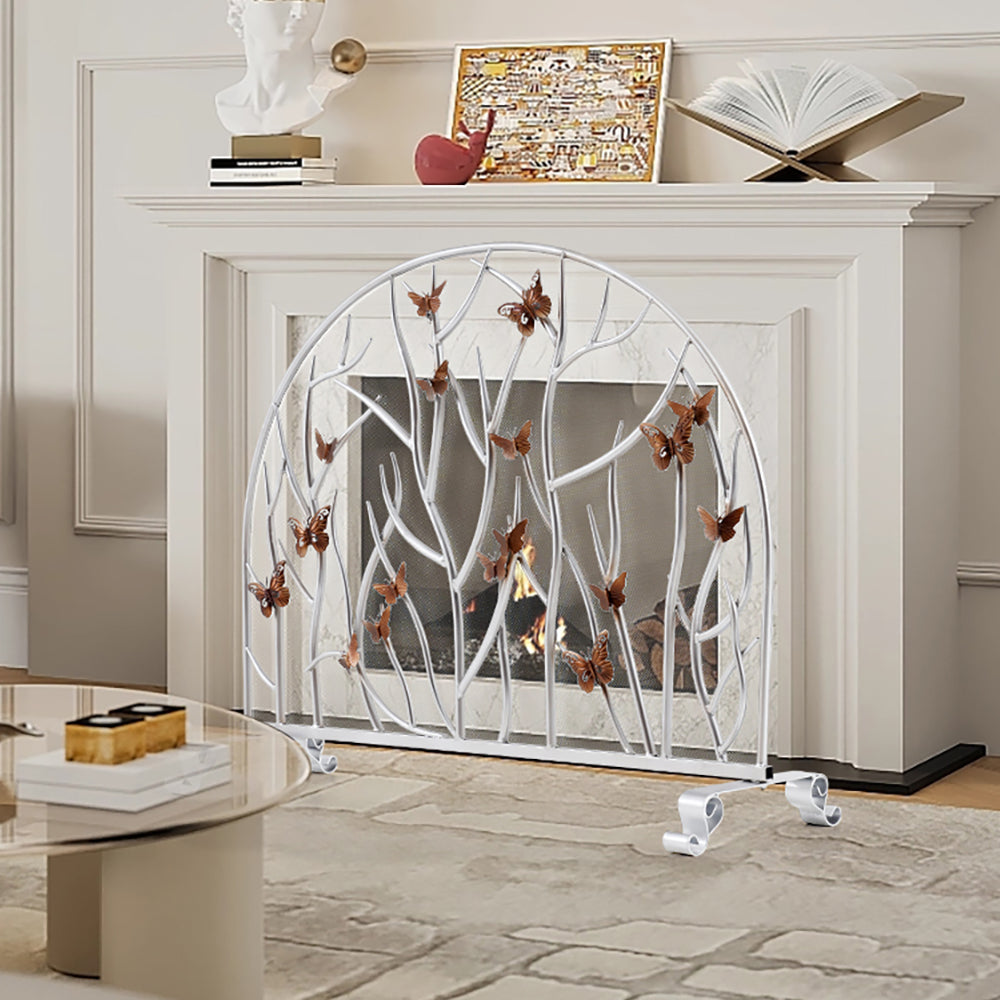 Modern Silver Twig Fireplace Screen with Golden Butterflies Decorative