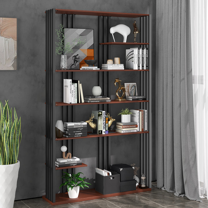 2000mm Industrial Black Walnut Etagere Bookshelf Display Shelving Tall Book Shelf in Ste