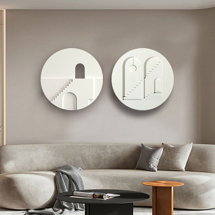 2PCS Minimalist White Round Frosted Abstract Geometric Wood Wall Decor Art Set