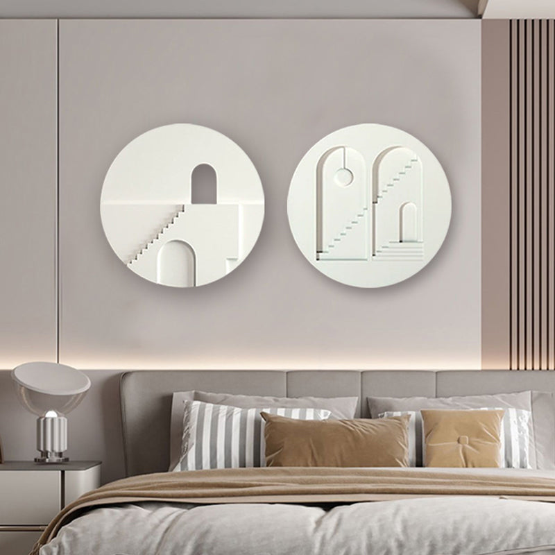 2PCS Minimalist White Round Frosted Abstract Geometric Wood Wall Decor Art Set