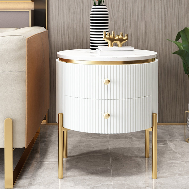 Yelly Modern Round End Table With Storage Drawers White Faux Marble Side Table Gold Legs