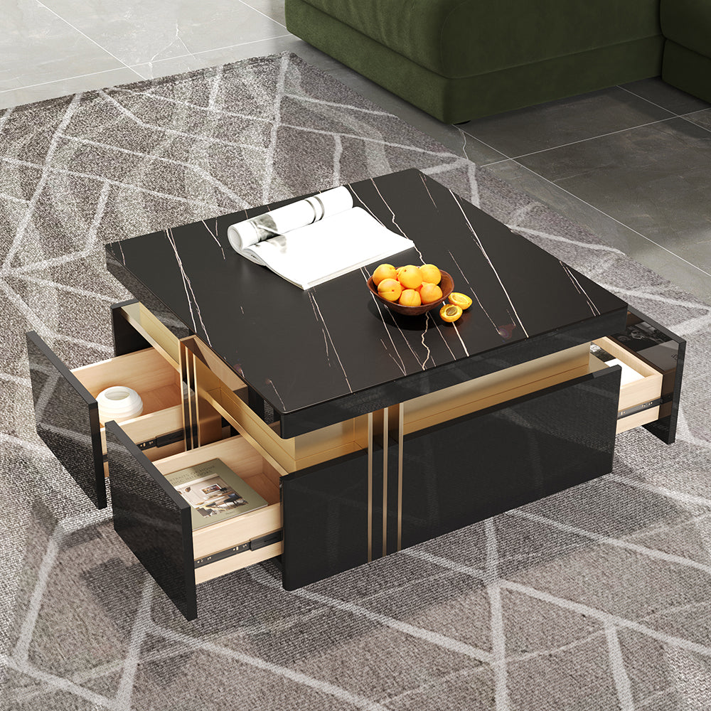 Trimied 700mm Modern Black Square Storage Coffee Table Stone Top & 4 Wood Drawers