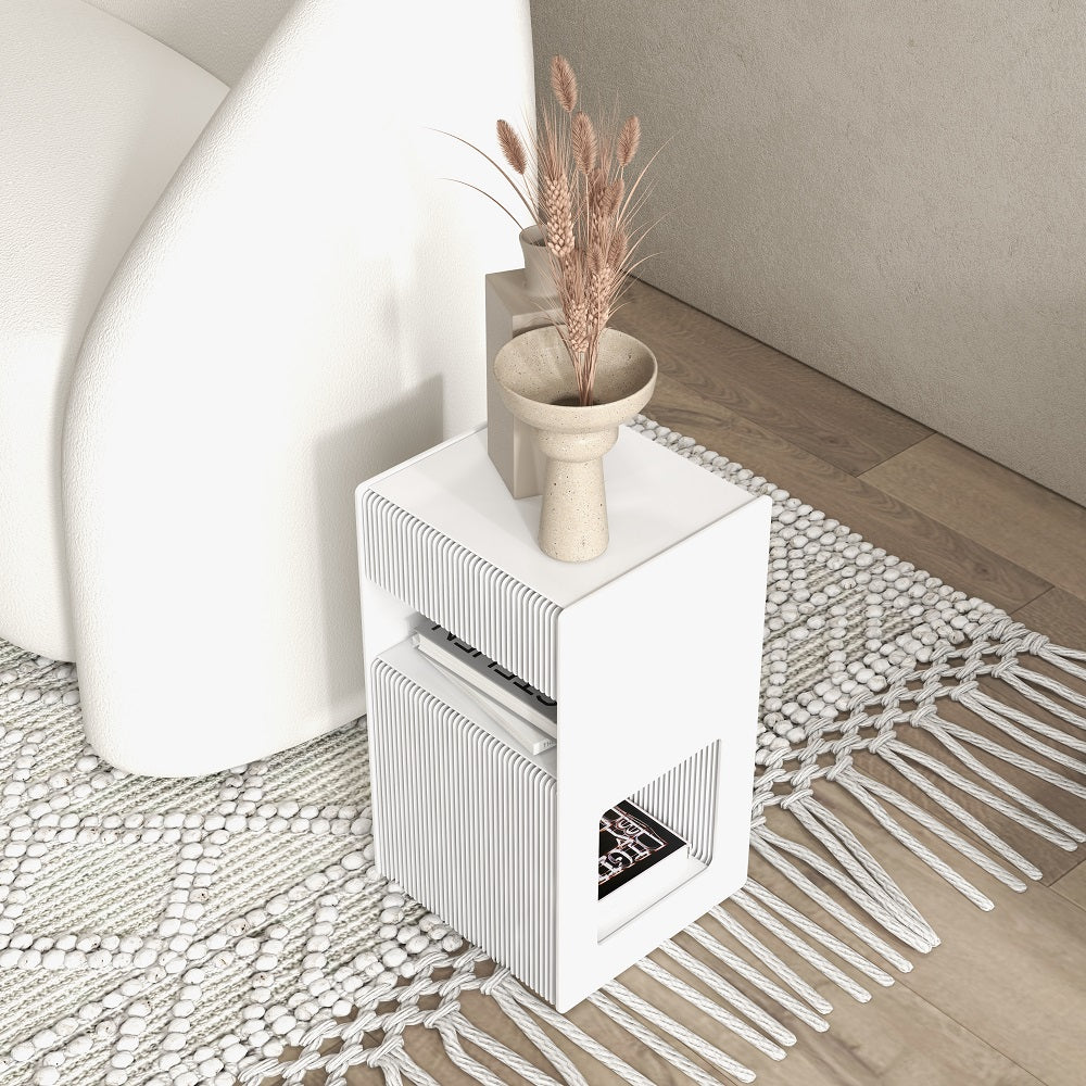 Foldable End Table with Storage Shelves Acrylic Tabletop Side Table White