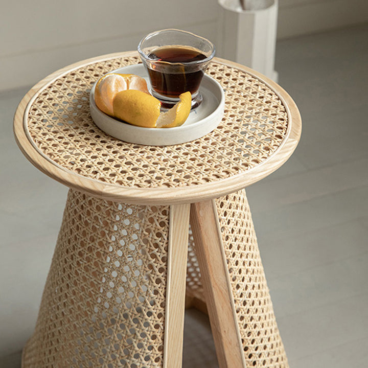 330mm Round Rattan & Ash Wood Side Table Indoor Natural End Table