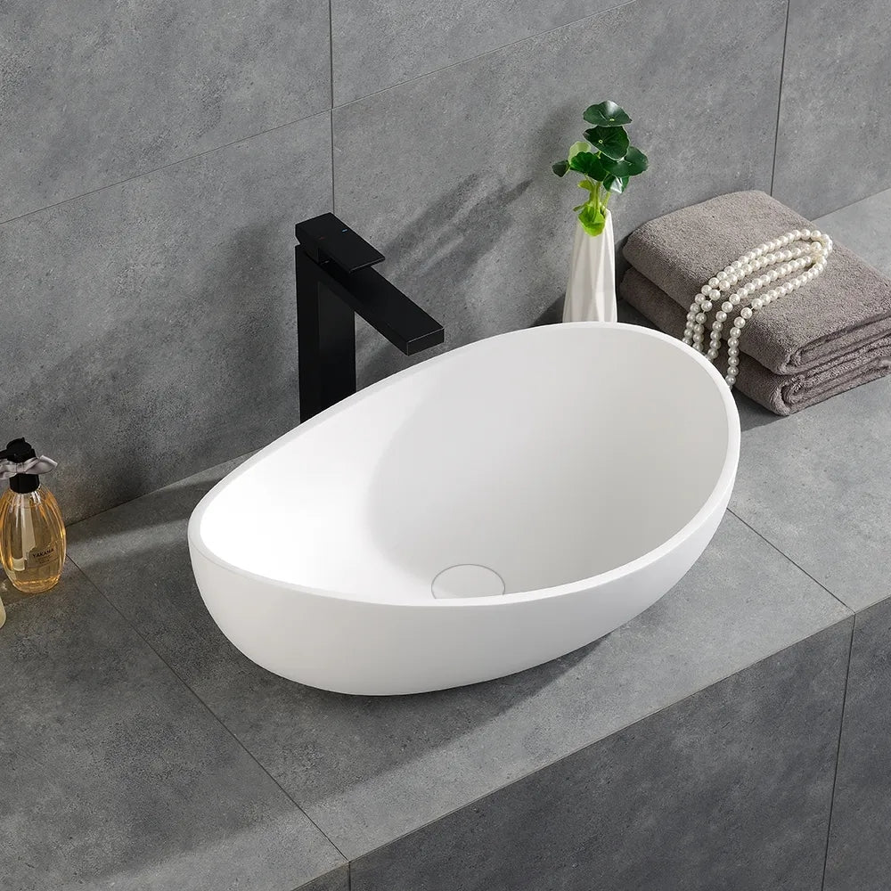 Bathroom Stone Resin Oval Counter Top Basin Glossy White with Pop Up Waste