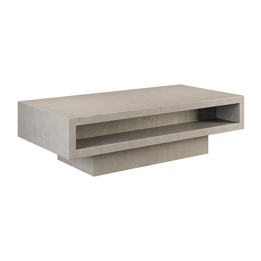 Japandi Rectangle Concrete Grey Coffee Table with 2 Drawers & Open Storage