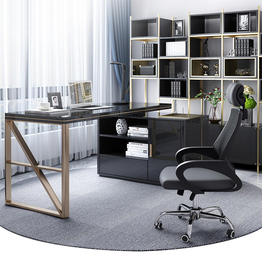 Modern 1600mm Black L-Shaped Desk Corner Computer Desk with Cabinet & Rich Storage