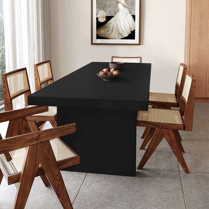 1600mm Concrete Black Wooden Dining Table & 6 Walnut Japandi Rattan Dining Chairs