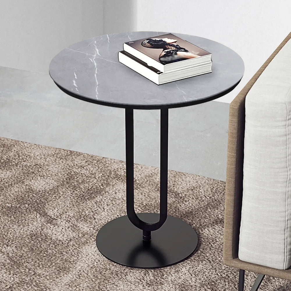 Modern Dark Gray Sintered Stone End Table Round Side Table Carbon Steel Base