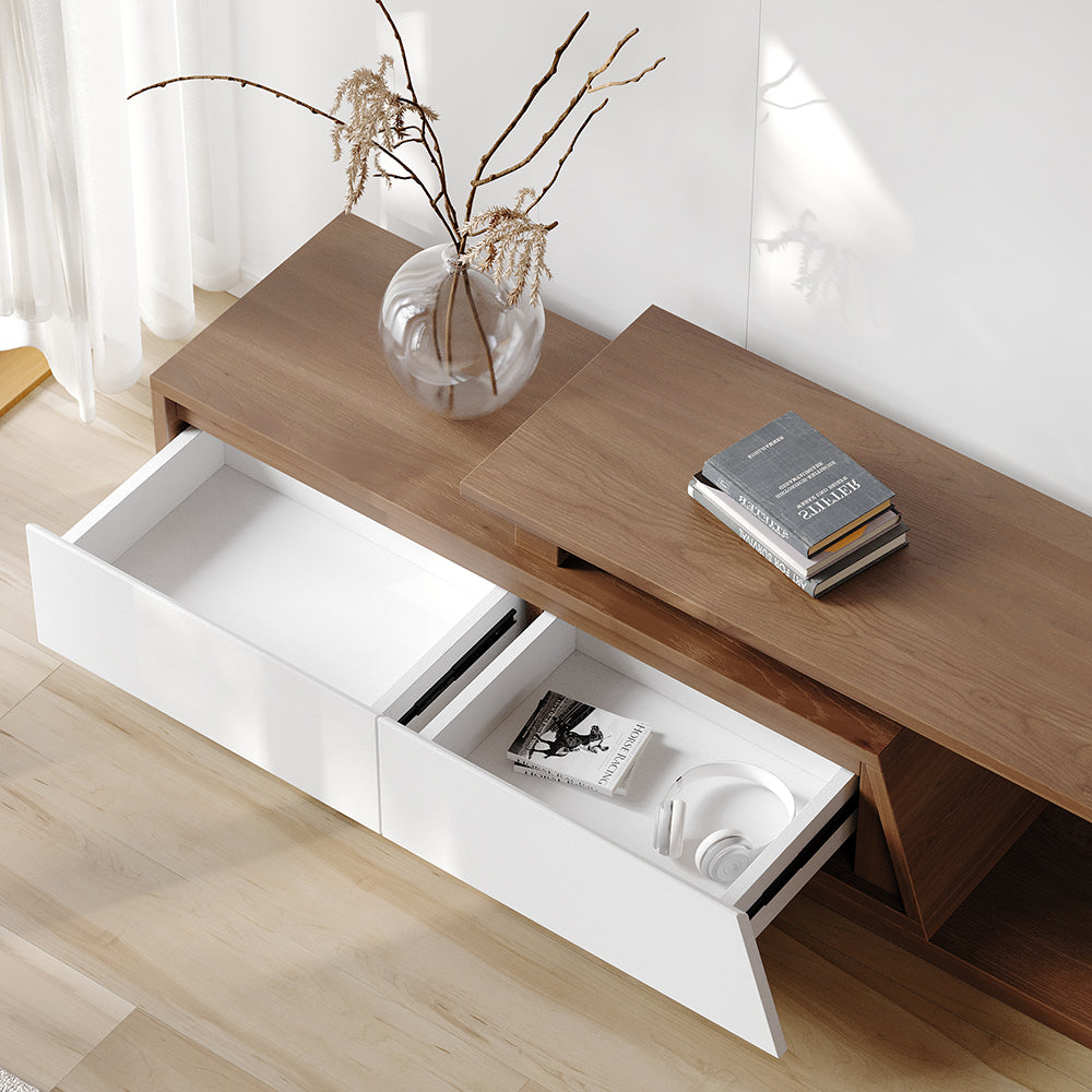 Up to 2800mm Extendable White & Walnut TV Stand Minimalist Floor Media Console with 3 Drawers