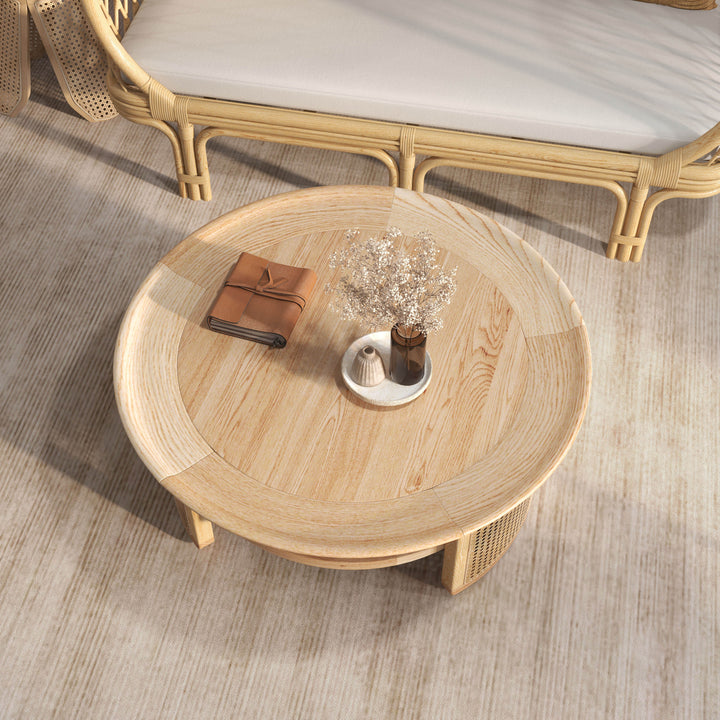 2-Tiered Japandi Round Wood Coffee Table with Rattan Base