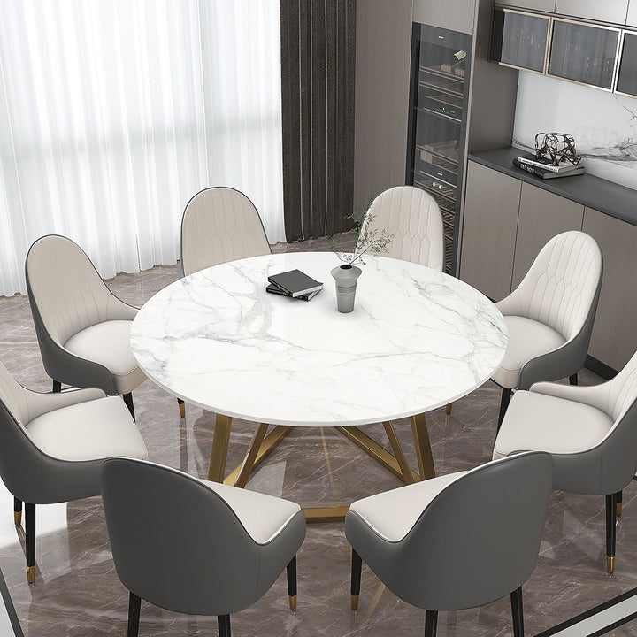 59'' White Modern Round Faux Marble Dining Table Stainless Steel Base for 8 Seaters