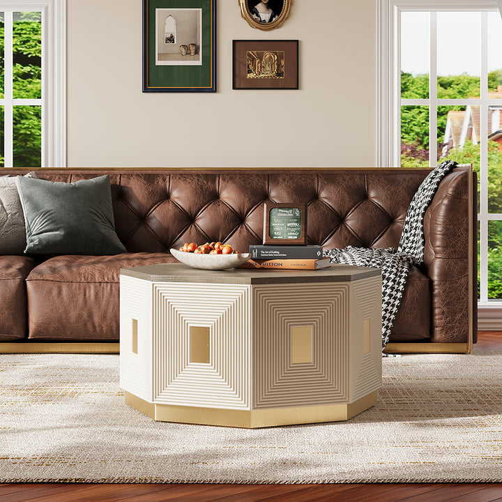 Mid Century Modern Block Coffee Table in Light Grey & Champagne with Octagonal Tabletop