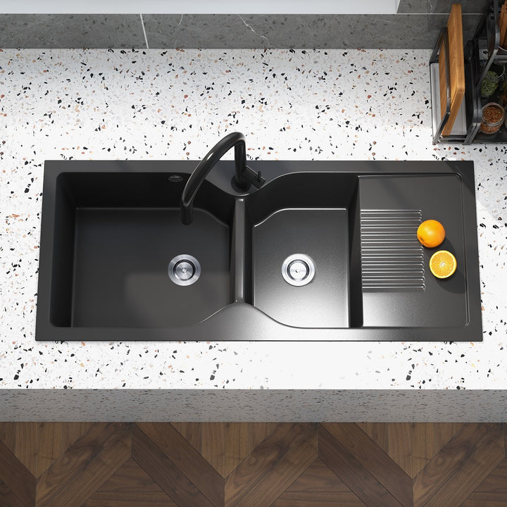 1140mm Black Quartz Kitchen Sink Double Bowl Drop-In Sink with Drain Board