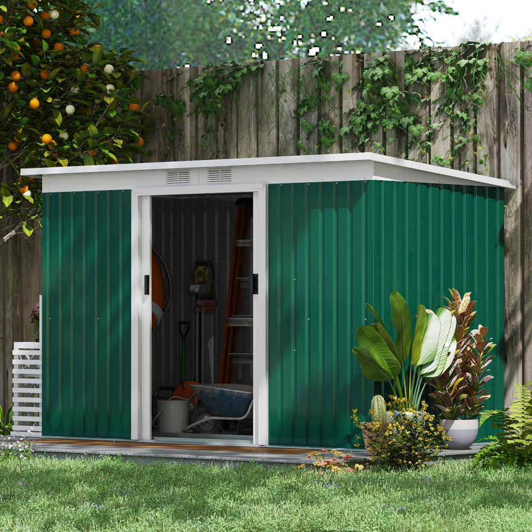 9ft x 4.25ft Corrugated Garden Metal Storage Shed Outdoor Equipment Tool Box with Foundation Ventilation & Doors Deep Green