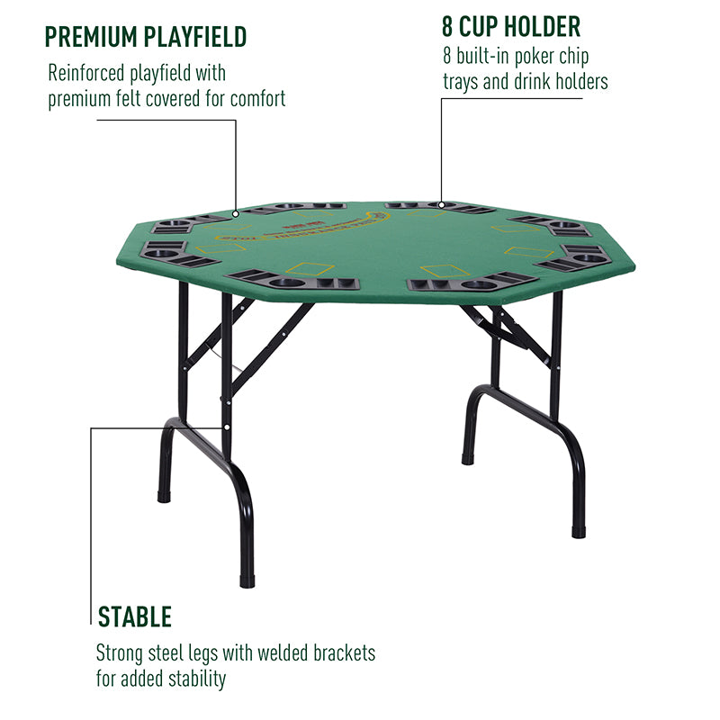 8 Player Folding Games Poker Table w/ Chip Cup Holder Steel Base Felt Top Octagon Blackjack Adult Family Friends Green