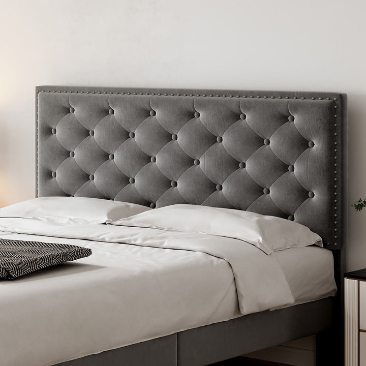 Velvet Upholstered Double Bed Frame with Adjustable Button-Tufted Headboard