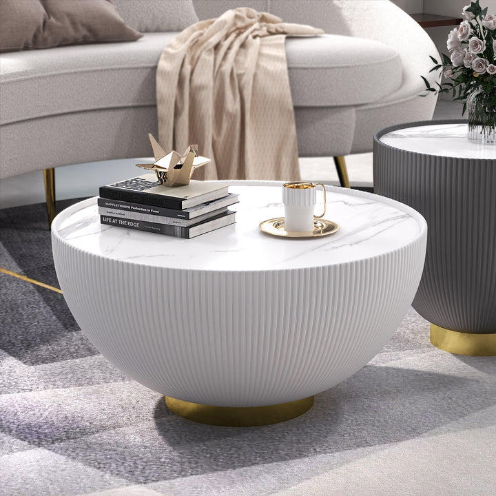 Round Sintered Stone Top Drum Coffee Table with Beige PU Leather Around and Stainless Steel Base