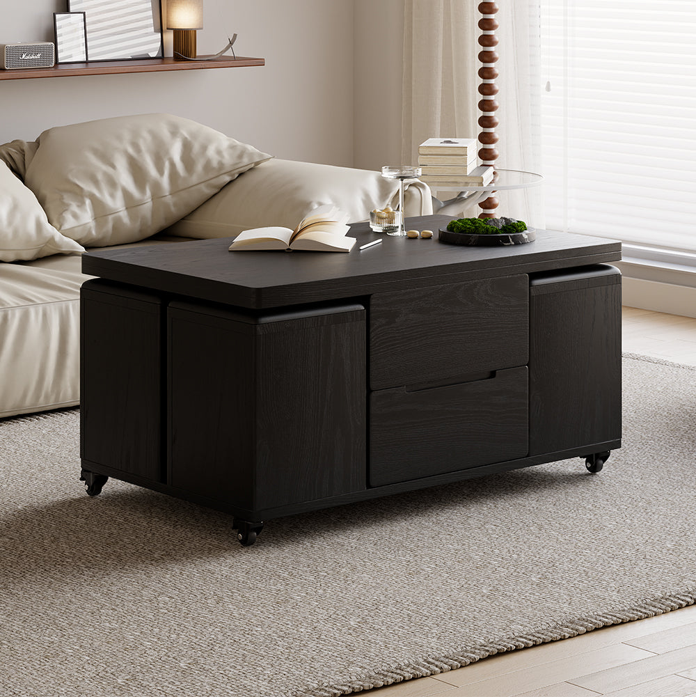 Modern Black Lift Top Coffee Table 4 in 1 with Storage Ottoman Foldable and Casters Transforming Into Dining Table