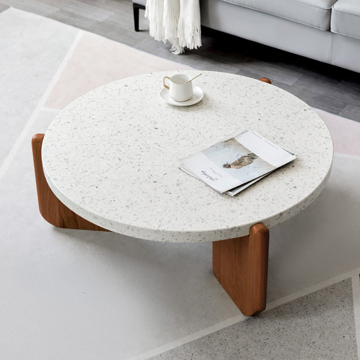 850mm White Round Terrazzo Coffee Table with Pine Wood Legs in Walnut