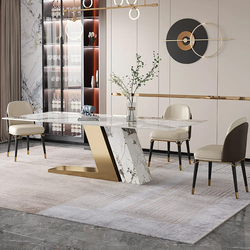 63" Rectangle Modern Sintered Stone Top Dining Table for 6 Stainless Steel Base in Gold