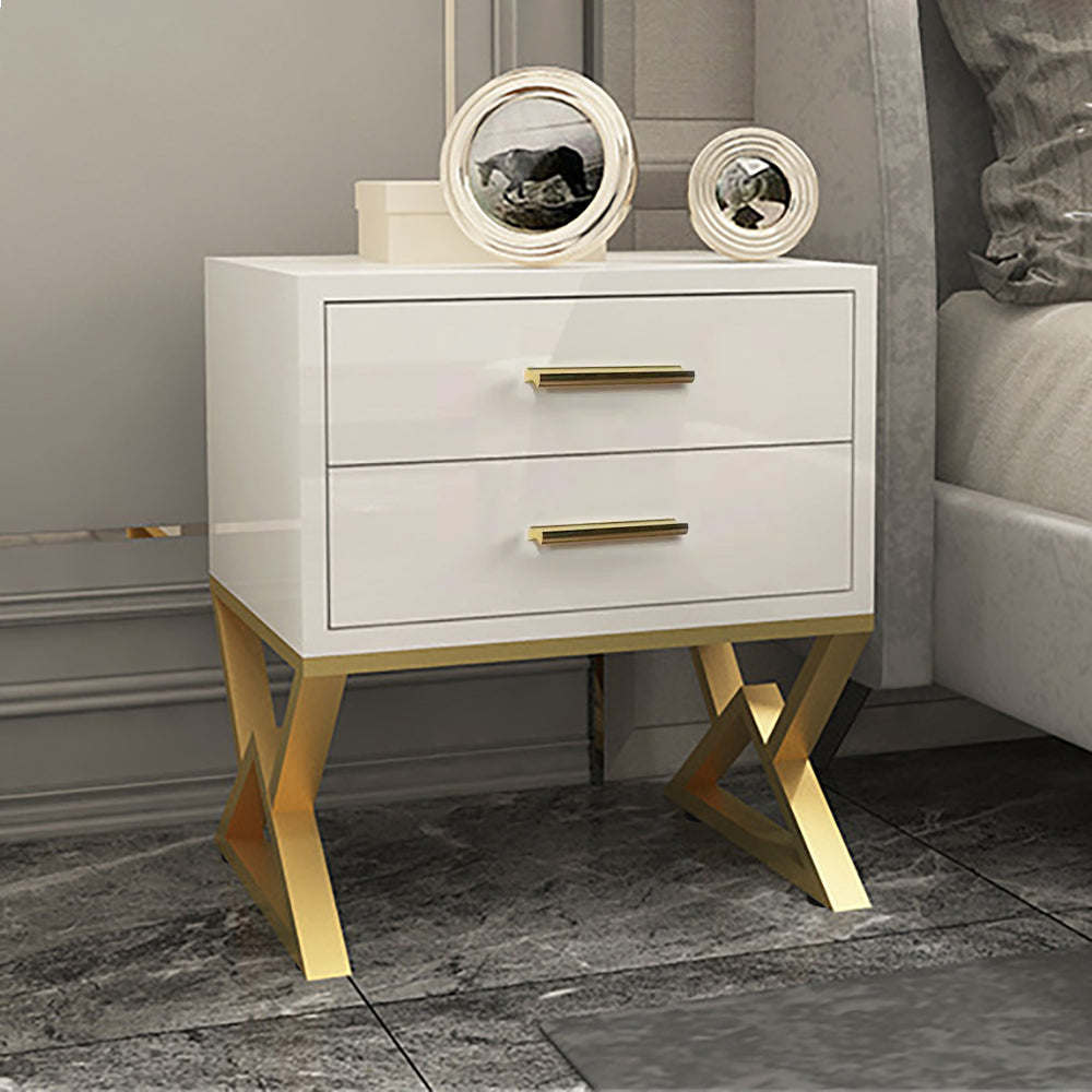 Nordic White Nightstand 2-Drawer Bedside Table Gold Finish