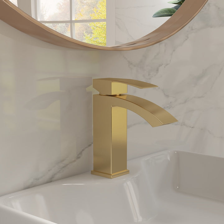 Ridge Contemporary Style Brushed Gold Single Hole Deck Mounted Bathroom Sink Faucet