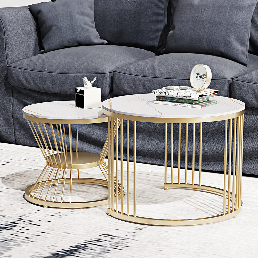 Round Marble Top End Table Modern White Side Table with Metal Frame in Gold Round 2-Piece Nesting Set Sintered Stone Top White Coffee Table