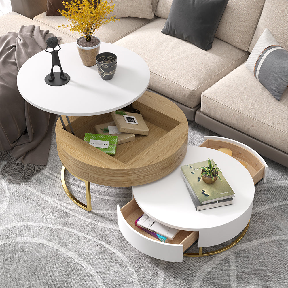 Nesnesis Modern Round Lift-top Nesting Wood Coffee Tables with 2 Drawers White & Natural