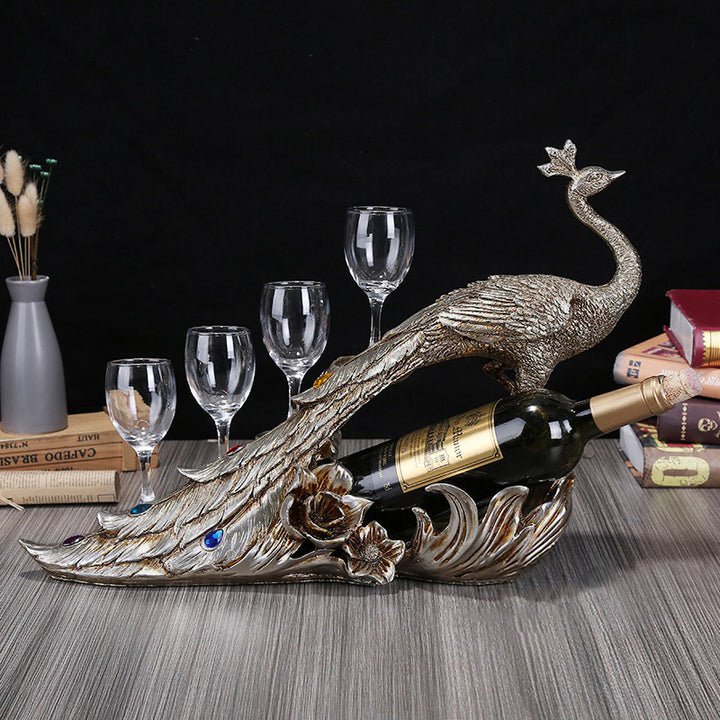 Vintage Peacock Wine Glass Rack Tabletop Wine Bottle Holder in Antique Silver