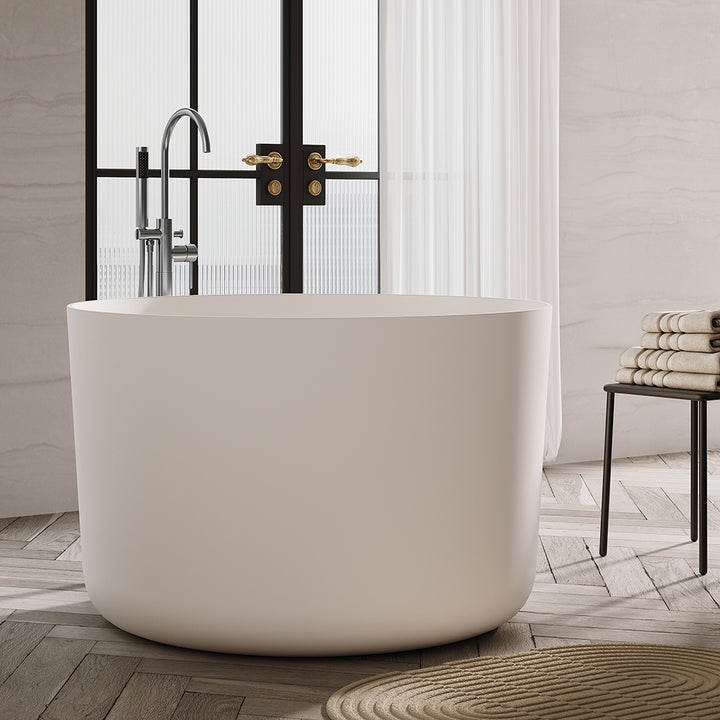 41" Freestanding Japanese Soaking Bathtub Matte White Round Stone Resin Tub