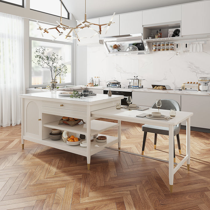 Modern 1525mm Extendable White Kitchen Island with Storage Faux Marble Kitchen Cabinet