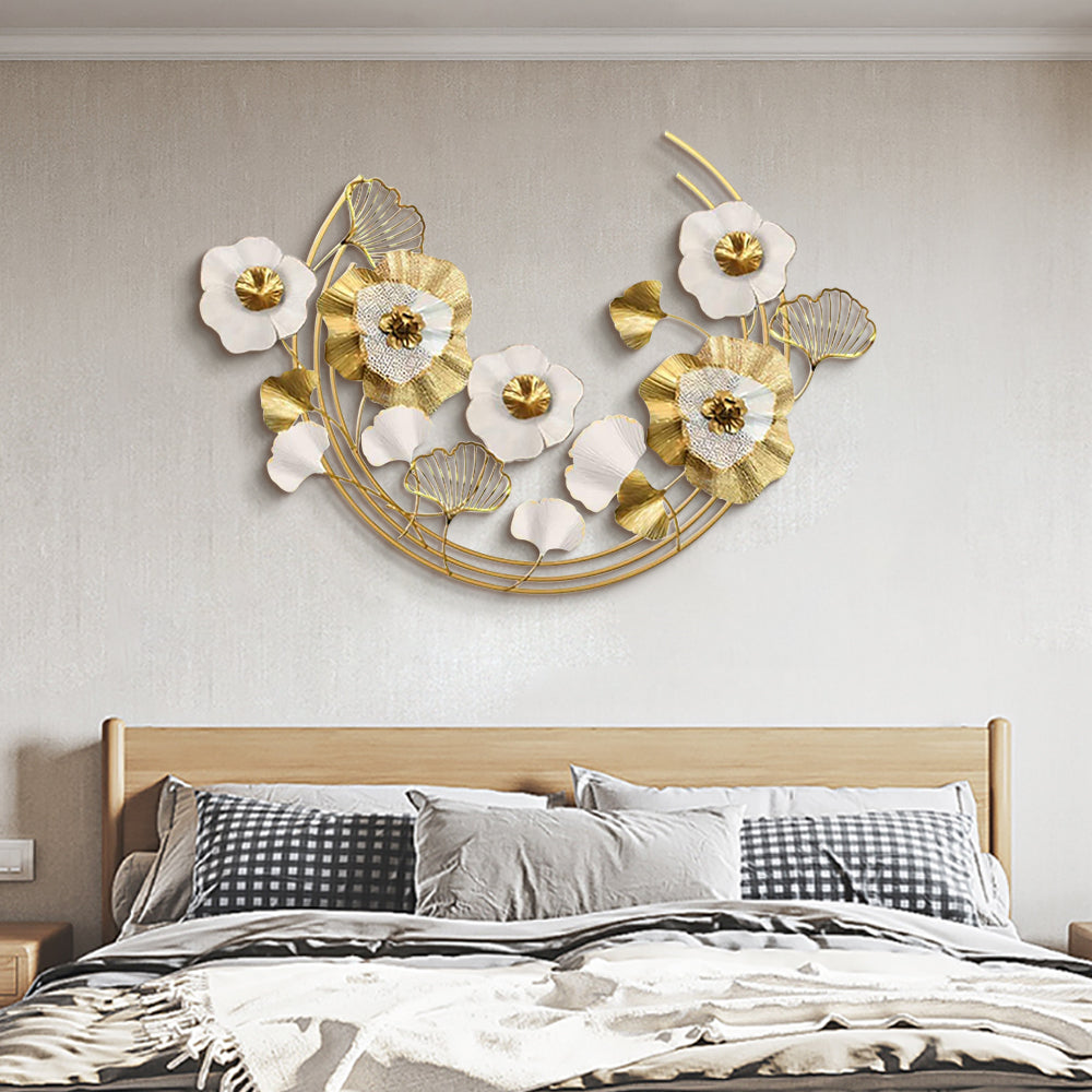 1200mm Modern Metal Wall Decor Art with Gold & White Leaves & Flowers for Living Room