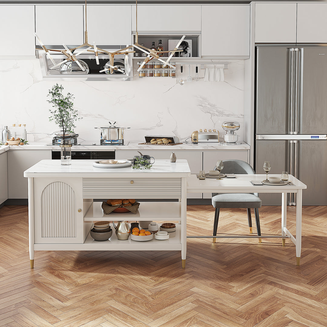 Modern 1525mm Extendable White Kitchen Island with Storage Faux Marble Kitchen Cabinet