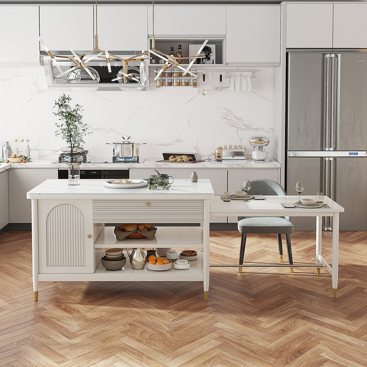 Modern 1525mm Extendable White Kitchen Island with Storage Faux Marble Kitchen Cabinet