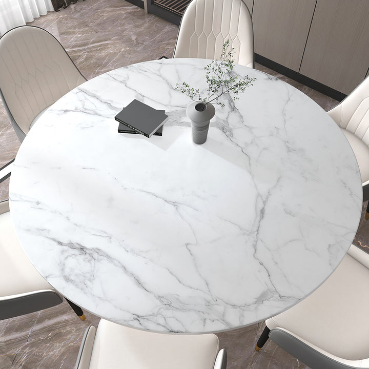 59'' White Modern Round Faux Marble Dining Table Stainless Steel Base for 8 Seaters