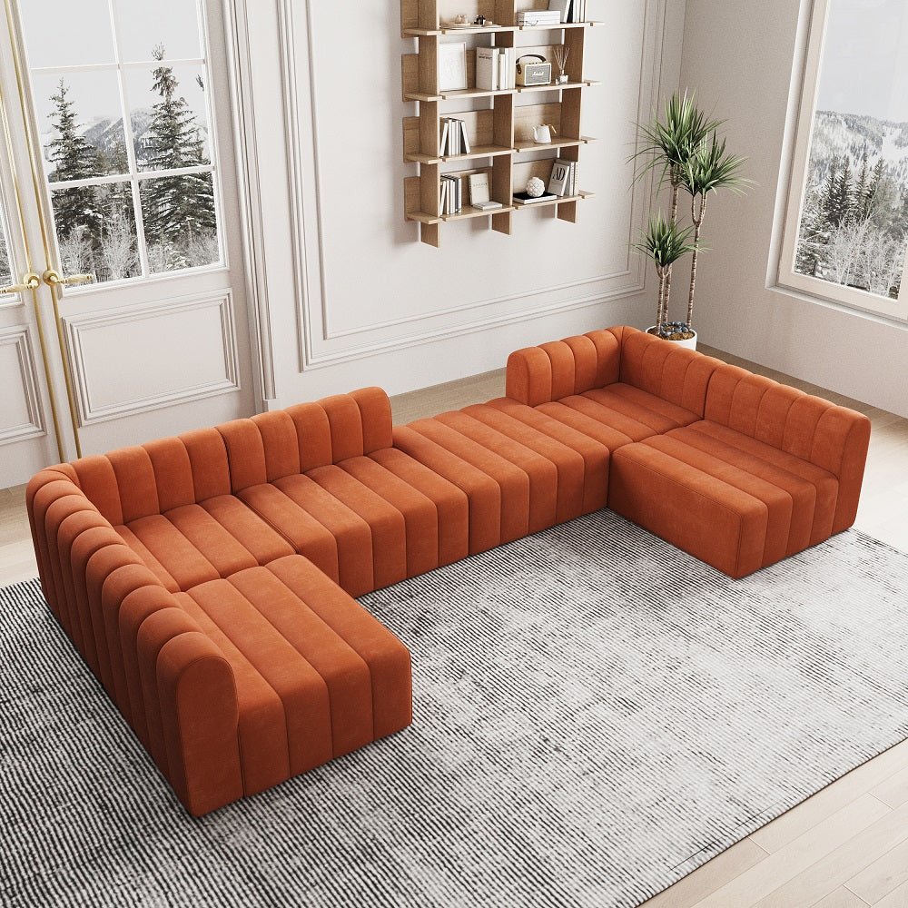 118.9" Velvet Convertible Modular Sectional Sofa Orange Upholstered 6-Seater Sofa Set