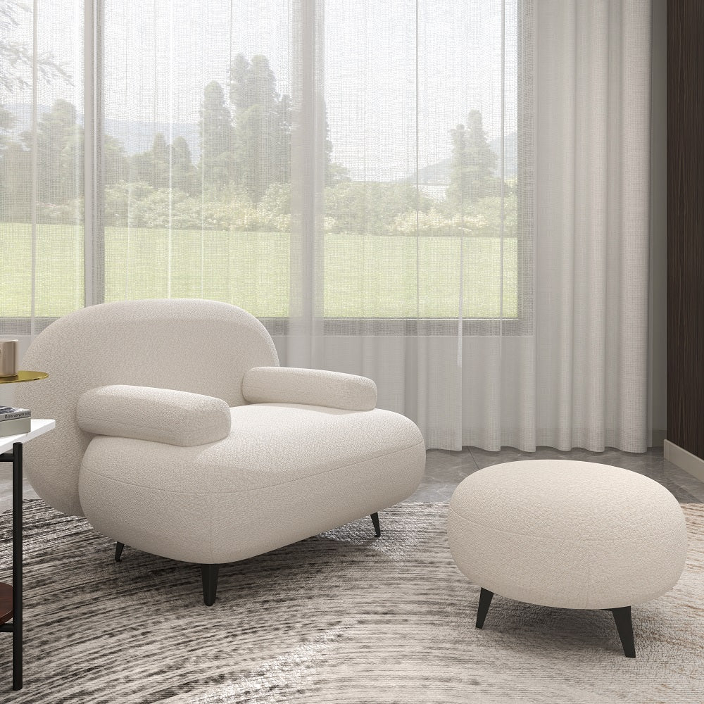 Modern White Cream Boucle Accent Chair with Pouf Ottoman Set Lounge Chair with Footstool