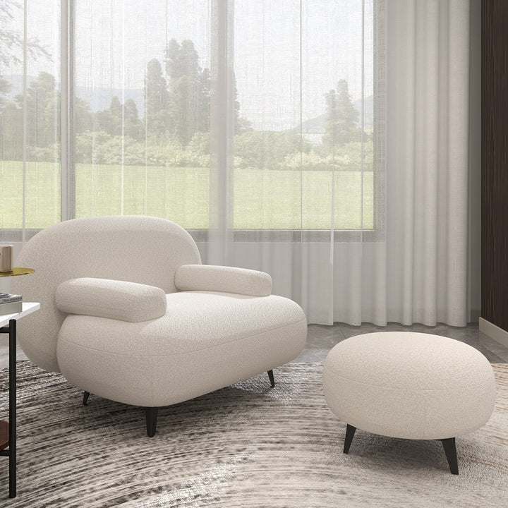 Modern White Cream Boucle Accent Chair with Pouf Ottoman Set Lounge Chair with Footstool