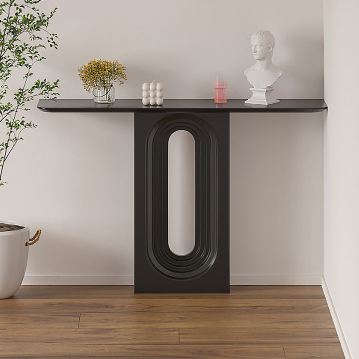 1200mm Japandi Narrow Wood Black Console Table with Geometric Pedestal Entryway Table