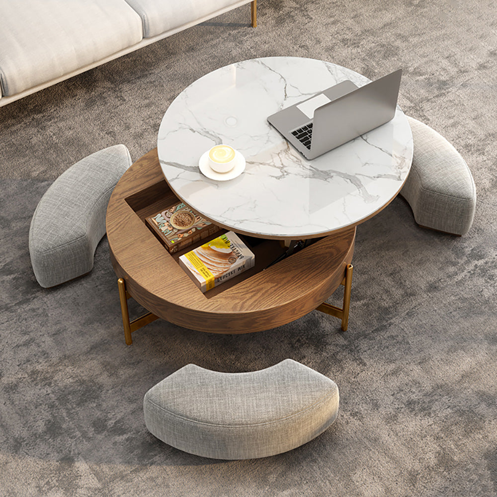 Round Lift-Top Coffee Table Set with 3 Ottomans and Storage White Tabletop and Walnut-Colored Body