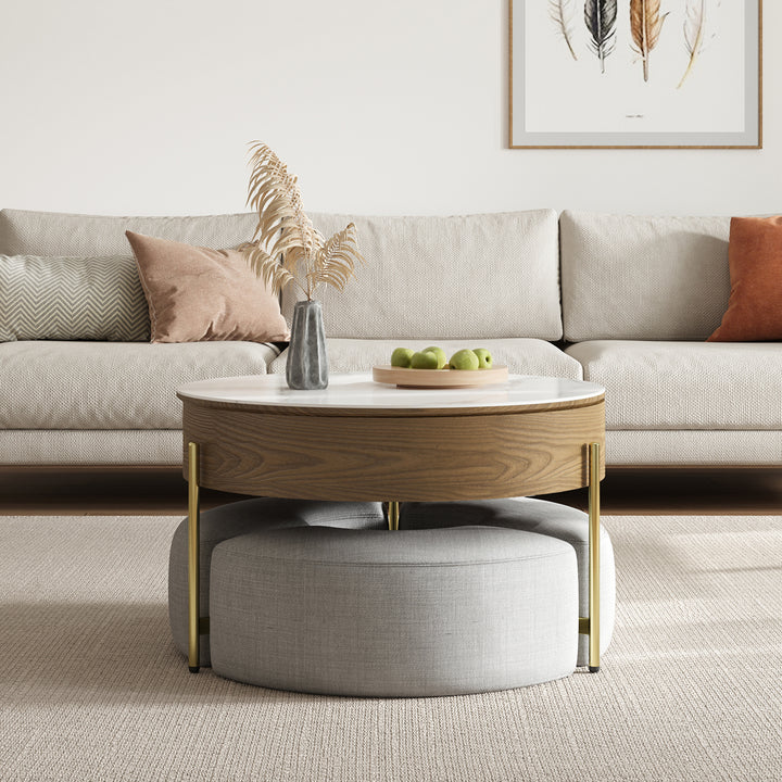 Round Lift-Top Coffee Table Set with 3 Ottomans and Storage White Tabletop and Walnut-Colored Body