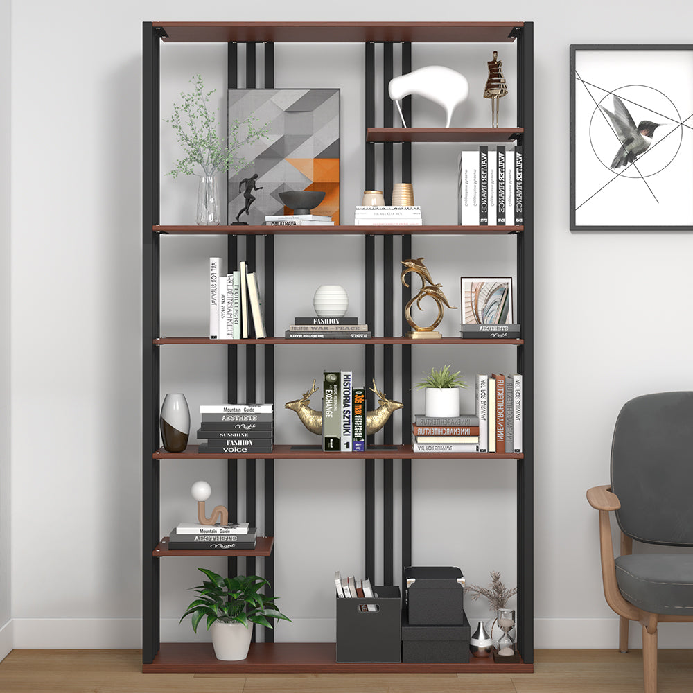 2000mm Industrial Black Walnut Etagere Bookshelf Display Shelving Tall Book Shelf in Ste