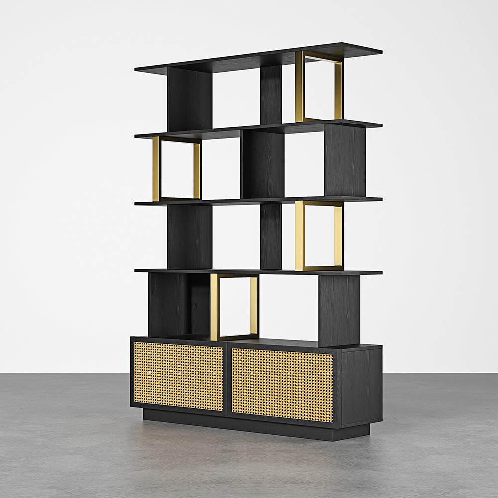 5-Tier Black Wood Bookshelf with 2 Doors Modern Bookcase in Gold Finish