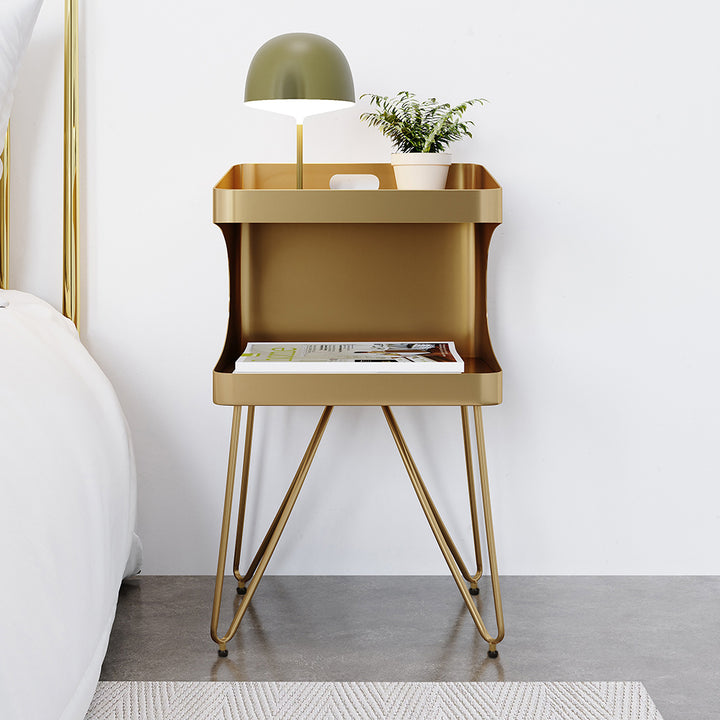 Modern Gold Metal Nightstand with 2 Shelves and Handle Bedside Table