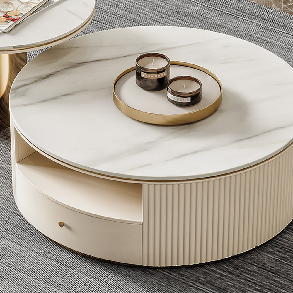 Mytures Modern Round Nesting Coffee Table with Storage White Sintered Stone Set of 2