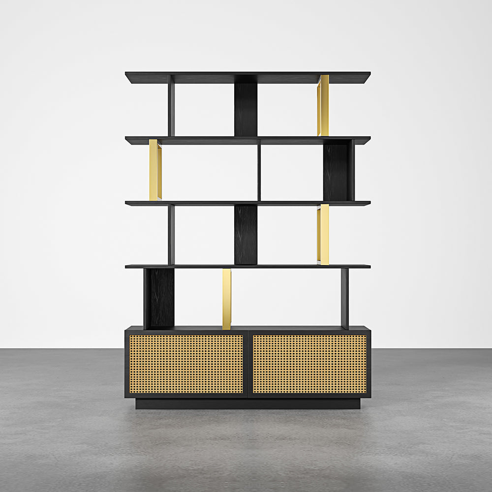 5-Tier Black Wood Bookshelf with 2 Doors Modern Bookcase in Gold Finish